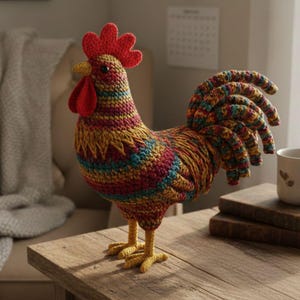 May include: A colorful, handcrafted crochet rooster figurine. The rooster features a red comb and wattle, yellow beak and feet, and a vibrant body with stripes of yellow, red, blue, and orange. The rooster is standing on a wooden surface.