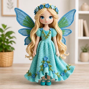 Puede incluir: Muñeca de hada de ganchillo hecha a mano con pelo rubio largo, ojos azules y una corona floral. La muñeca lleva un vestido azul claro con detalles florales y alas azules a juego. La muñeca mide unos 30 cm de altura.