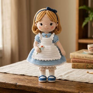 May include: Crocheted doll of a girl in a blue dress with a white apron and blue shoes. The doll has blonde hair, a blue headband, and is holding a small flower. The doll is standing on a wooden table.