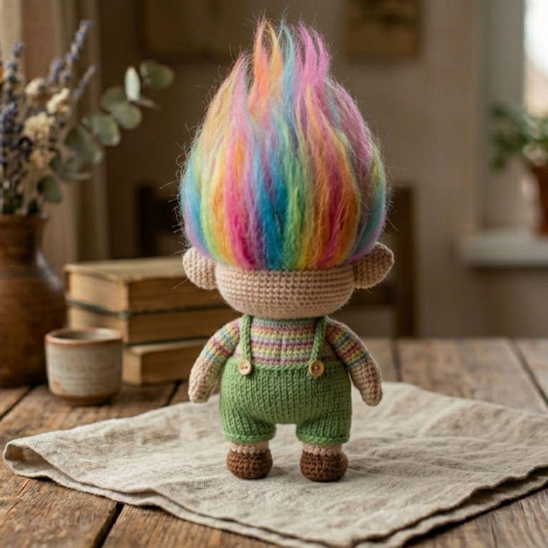 May include: A handmade crochet doll with a rainbow-colored, fluffy hair. The doll wears a striped shirt, green overalls with wooden buttons, and brown shoes. The doll is standing on a beige linen cloth on a wooden table.