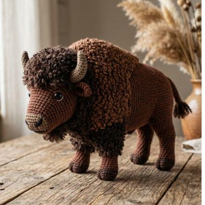 May include: A crocheted bison toy in various shades of brown. The bison has a shaggy mane, small horns, and detailed hooves. The toy is positioned on a wooden surface, highlighting its textured design and realistic features. A charming, handmade decorative item.