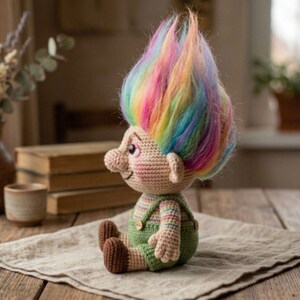 May include: A crocheted troll doll with a large, colorful rainbow-colored hair. The doll is wearing green overalls with rainbow striped straps and brown shoes. The doll is sitting on a beige surface.