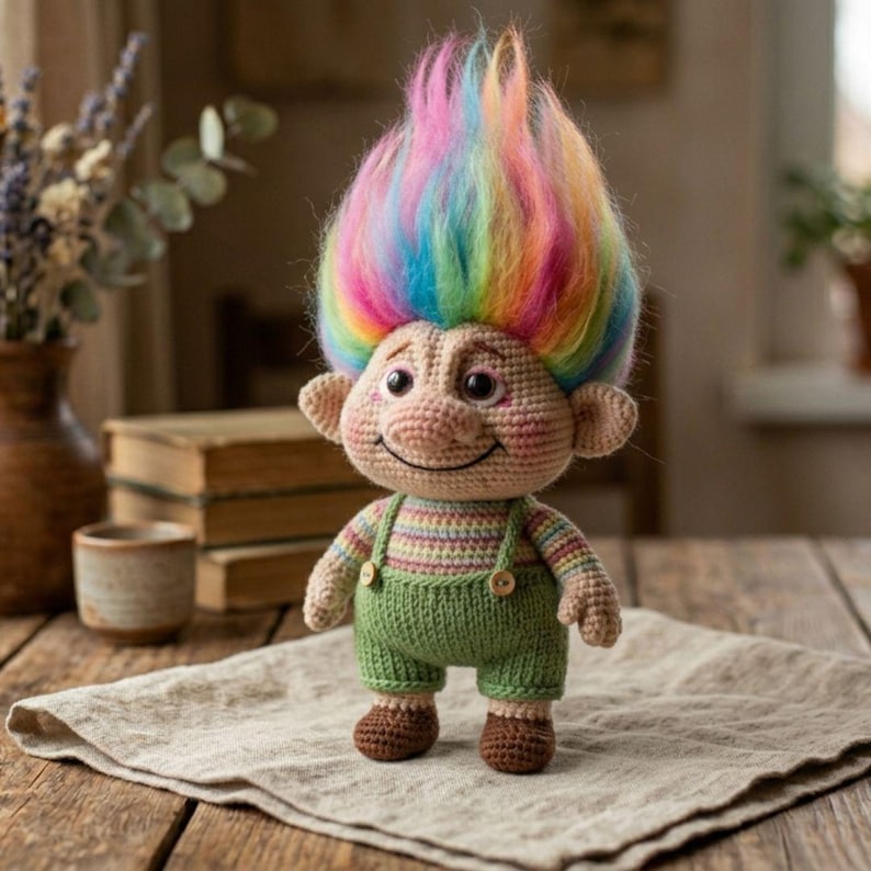 May include: A crocheted troll doll with a smiling face and a large, colorful rainbow-colored hair. The doll wears a striped shirt, green overalls, and brown shoes. The doll is standing on a beige cloth on a wooden table.