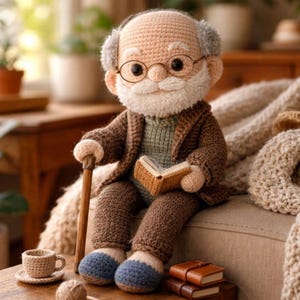 Könnte beinhalten: Gehäkelte Puppe eines älteren Mannes mit Brille, weißem Bart und braunem Mantel, der ein Buch und einen Stock hält. Die Puppe trägt blaue Schuhe und sitzt auf einem Sofa. Eine kleine gehäkelte Teetasse und Bücher befinden sich in der Nähe.