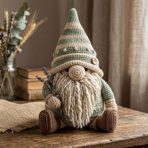 Puede incluir: Una muñeca gnomo de ganchillo hecha a mano con una larga barba blanca, una nariz beige y un sombrero a rayas verdes y beige. El gnomo sostiene ramitas de lavanda y tiene pies marrones. Un botón de madera adorna el sombrero.