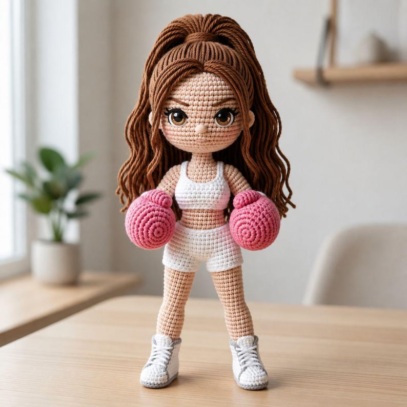 Puede incluir: Muñeca de ganchillo hecha a mano de una boxeadora. La muñeca tiene cabello castaño, un sujetador deportivo y pantalones cortos blancos, guantes de boxeo rosas y zapatillas blancas. La muñeca está sobre una mesa de madera.