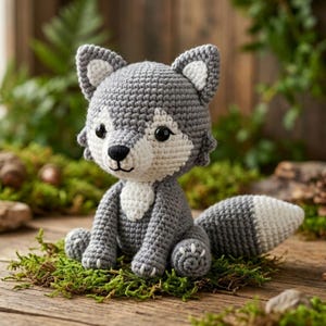 Puede incluir: Muñeco de lobo de ganchillo hecho a mano en gris y blanco, sentado sobre un lecho de musgo verde. El lobo tiene ojos negros, nariz negra y pecho blanco. La cola es gris y blanca. El muñeco está sobre una superficie de madera.