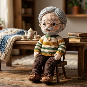 Op de afbeelding: Een gehaakte pop van een oudere man met grijs haar, een bril en een snor. Hij draagt een gestreepte trui in geel, groen en wit, een bruine broek en bruine schoenen. De pop zit op een kleine houten stoel.