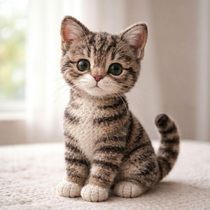 Puede incluir: Una figura de gato atigrado hecha a mano con grandes y expresivos ojos verdes. El gato de ganchillo presenta rayas marrones y beige, patas blancas y una cola rizada. El gato está sentado sobre una superficie de color claro.
