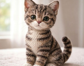 Può includere: Una statuetta di gatto tabby fatta a mano con grandi occhi verdi espressivi. Il gatto all'uncinetto presenta strisce marroni e beige, zampe bianche e una coda arricciata. Il gatto è seduto su una superficie di colore chiaro.