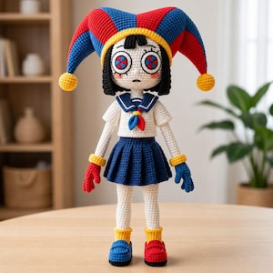 May include: A handcrafted crochet doll wearing a jester's hat in red, blue, and yellow. The doll is dressed in a white sailor top, a blue pleated skirt, and red and blue shoes. The doll has large eyes and is standing on a wooden table.