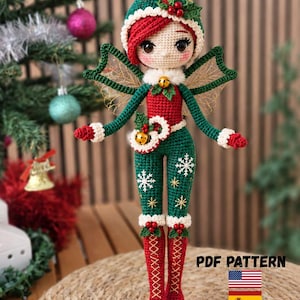 Christmas Fairy Elf Amigurumi Crochet Pattern – Festive Wings, Holly, Bells (PDF)