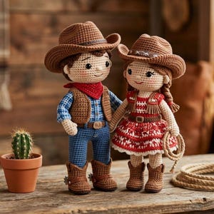 May include: Two crocheted cowboy dolls, a boy and a girl, stand side-by-side. The boy doll wears a brown cowboy hat, vest, blue jeans, and boots. The girl doll wears a red dress, brown boots, and a cowboy hat. A small cactus in a pot is to the left.