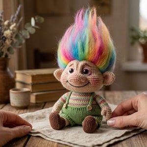 May include: A crocheted troll doll with a smiling face and rainbow-colored hair. The doll wears a striped shirt and green overalls with brown shoes. The doll is sitting on a beige surface.