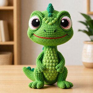 May include: A green crochet lizard toy with large eyes and a red smile. The handmade lizard features a spiky crest and textured details. The amigurumi is displayed on a wooden surface, highlighting the intricate crochet work and design.