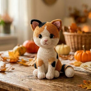 Op de afbeelding: Een handgemaakte gehaakte kattenfiguur in crème, oranje en zwart. De kat heeft grote zwarte ogen, een roze neus en een gestreepte staart. Het staat op een houten oppervlak met pompoenen en herfstbladeren op de achtergrond.