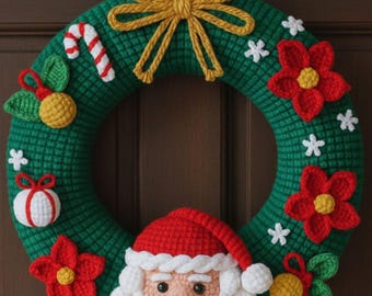 May include: A handmade Christmas wreath with a green base, adorned with red poinsettias, white snowflakes, and a crocheted Santa Claus face. The wreath also features a candy cane, ornaments, and a gold bow.