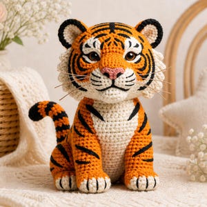 Può includere: Una statuetta di tigre all'uncinetto fatta a mano in arancione, nero e crema. La tigre ha strisce nere, un naso rosa e tratti del viso dettagliati. La tigre è seduta in posizione eretta, con la coda arricciata. L'artigianato è probabilmente un oggetto decorativo o un giocattolo per bambini.