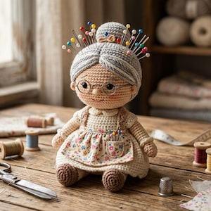 May include: A handmade crochet doll depicting a grandmother figure, complete with glasses and a bun adorned with colorful pins. The doll wears a floral apron and is surrounded by sewing notions, including spools of thread and scissors, on a wooden surface.