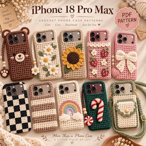 Può includere: Una collezione di dieci schemi all'uncinetto per custodie di iPhone 18 Pro Max, con disegni come un orsetto marrone, margherite, un girasole, fragole, un fiocco, scacchi, righe, arcobaleno, bastoncino di zucchero e una tasca con tracolla.