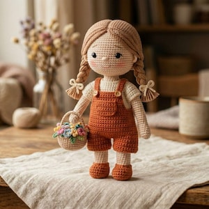 Little Girl Amigurumi Crochet Doll Pattern – Overalls & Basket PDF