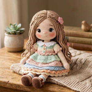 May include: A handmade crochet doll with long brown hair and a pink flower hair accessory. The doll wears a pastel-colored dress with a white collar and brown shoes. The doll is sitting on a knitted blanket.