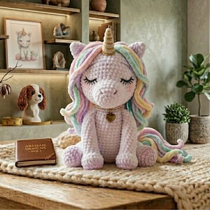 Puede incluir: Un unicornio de ganchillo de color lavanda, con un cuerno dorado y un colgante en forma de corazón. Tiene una melena y cola arcoíris. Un pequeño libro con el texto "ARTISAN DESIGNS - VOL. I" está en primer plano.