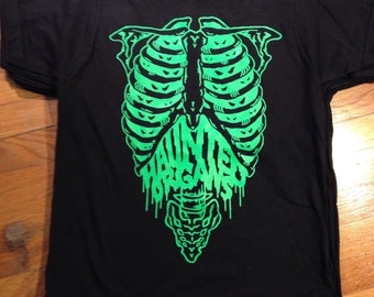 HAUNTED ORGANS skeleton tee 100% american made ringspun cotton bayside 5000 fluorescent ink