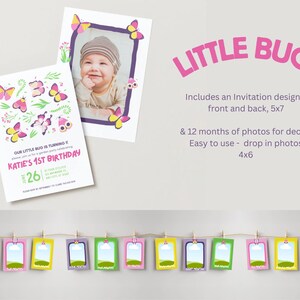 May include: A set of invitation designs with a butterfly theme, featuring a photo frame and a birthday invitation. The invitation reads "Katie's 1st Birthday". Includes 12 months of photos for decor. The photo frame is 5x7 inches, and the photos are 4x6 inches.