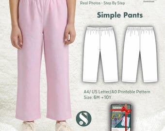 Simple Pants Kids Sewing Pattern PDF | Beginner Elastic Waist Pants | A4 US Letter A0 | Layered Sizes 6M–10Y