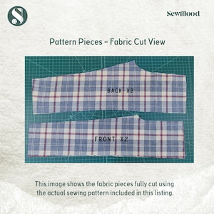 May include: Fabric pieces for sewing, cut from a blue and white plaid fabric. The image shows the "BACK X2" and "FRONT X2" pieces. The text "Pattern Pieces - Fabric Cut View" and "SewMood" are also visible.
