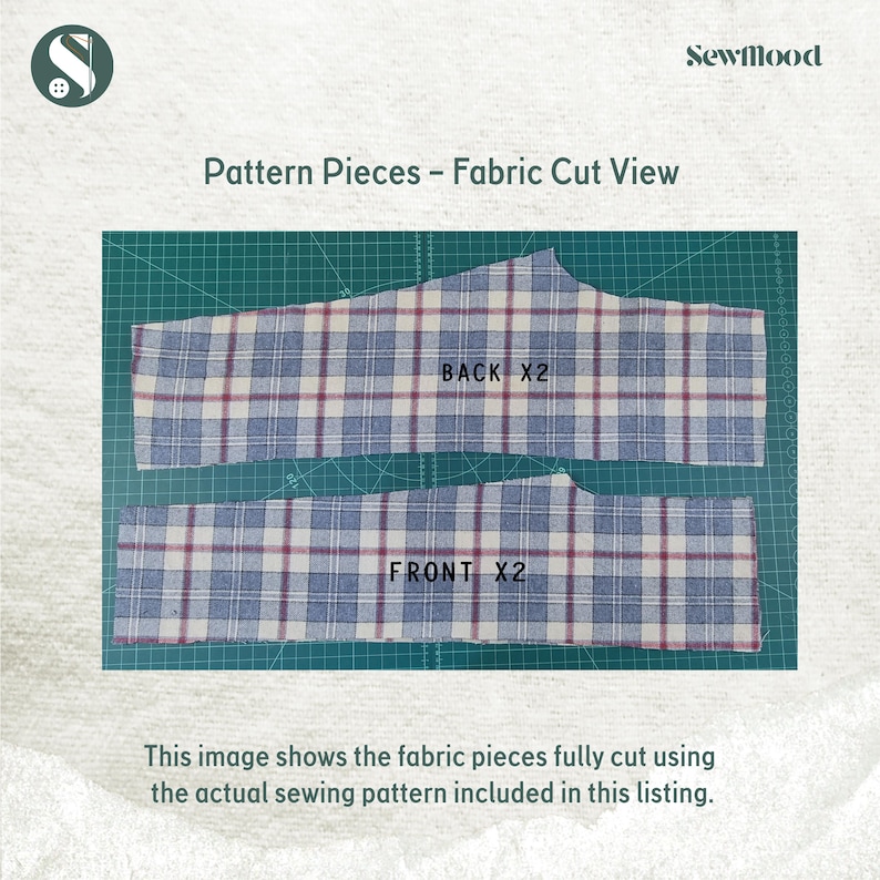 May include: Fabric pieces for sewing, cut from a blue and white plaid fabric. The image shows the "BACK X2" and "FRONT X2" pieces. The text "Pattern Pieces - Fabric Cut View" and "SewMood" are also visible.