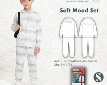Patrón de costura para sudadera y pantalones para niños en PDF / Conjunto Soft Mood / Apto para principiantes / Tamaño A4 (carta A0 de EE. UU.) / Tallas 6 M–10 A