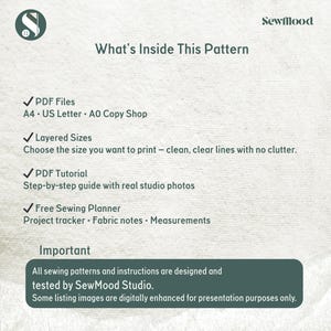May include: A white graphic with the text "What's Inside This Pattern" and a logo. The graphic lists PDF files, layered sizes, a PDF tutorial, and a free sewing planner. The text also states that all sewing patterns are designed and tested by SewMood Studio.