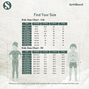 May include: A size chart for children's clothing, with measurements in centimeters and inches. The chart includes height, chest, waist, and hip measurements for children aged 6 months to 10 years old. The text "Find Your Size" is at the top.