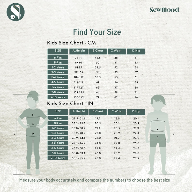 May include: A size chart for children's clothing, with measurements in centimeters and inches. The chart includes height, chest, waist, and hip measurements for children aged 6 months to 10 years old. The text "Find Your Size" is at the top.