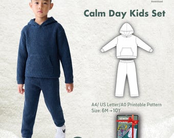 Patrón de costura para el conjunto infantil "Calm Day" (PDF) / Sudadera con capucha y pantalón / Tallas 6 M–10 Y / A4 (carta A0 de EE. UU.) / Tutorial paso a paso