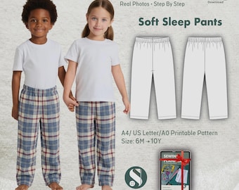Patrón de costura para pantalones de pijama para niños (PDF) / Pijama de franela (tallas 6 M-10 Y)