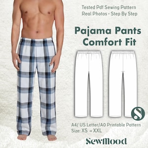 May include: White, blue, and black plaid pajama pants. The image also shows a sewing pattern for pajama pants with the text "Pajama Pants Comfort Fit". The pattern is available in sizes XS to XXL.