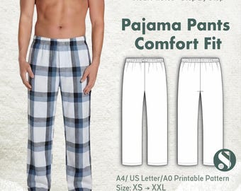 Patrón de pantalones de pijama para hombre, corte cómodo (XS-XXL) (patrón PDF tamaño A4/US Letter/A0)