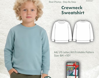 Kids Crewneck Sweatshirt Sewing Pattern, Toddler Pullover PDF (6M-10Y)