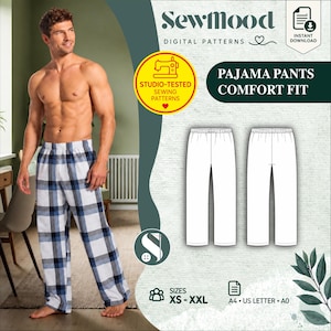 May include: Digital sewing pattern for pajama pants with a comfort fit. The image displays a person wearing white, blue, and gray plaid pajama pants, alongside a technical line drawing of the front and back of the pants. Text includes Sewmood, Digital Patterns, Instant Download, Pajama Pants Comfort Fit, Studio-Tested Sewing Patterns, and Sizes XS-XXL.