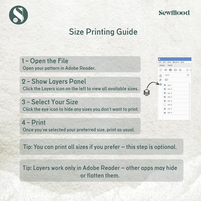 May include: A guide titled "Size Printing Guide" with instructions for printing patterns in Adobe Reader. The guide includes steps for opening the file, showing the layers panel, selecting a size, and printing. A screenshot of the Adobe Reader interface is included.