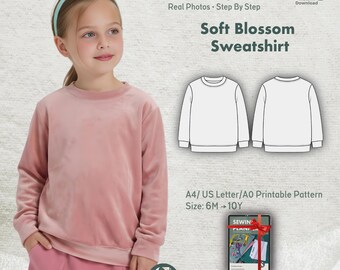 Patrón de costura de sudadera Soft Blossom (PDF) – Patrón probado – Sudadera infantil con tallas superpuestas / Proyecto de ropa infantil (archivos A4, tamaño carta de EE. UU.)