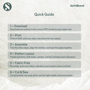May include: A sewing pattern quick guide with six steps: download, print, assemble, pattern layout, fabric prep, and cut & sew. The SewMood logo is in the top right corner. The background is a light beige.