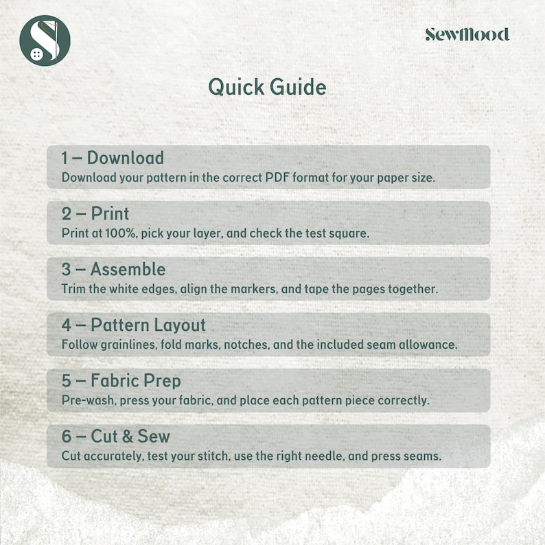 May include: A sewing pattern quick guide with six steps: download, print, assemble, pattern layout, fabric prep, and cut & sew. The SewMood logo is in the top right corner. The background is a light beige.
