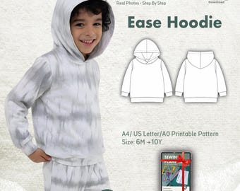 Kids Hoodie Sewing Pattern PDF | Ease Hoodie | Layered Sizes | A4 US Letter A0 | Tested Pattern with Step-by-Step Photos