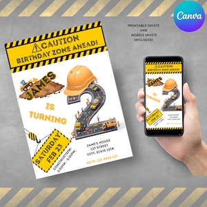 Puede incluir: Una invitación de cumpleaños con temática de construcción. La invitación presenta el texto "CAUTION BIRTHDAY ZONE AHEAD!" y "JAMES IS TURNING 2". Un smartphone muestra la misma invitación. Incluye el texto "Printable Invite and Mobile Invite Included!"