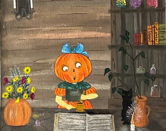 Vintage Halloween Art Print: Pumpkin Witch & Black Cat (8x10 inch)