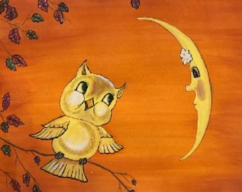 PRINT - 8 BY 10 INCHES - New / Vintage Owl and Crescent Moon art print -